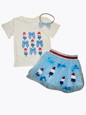 NEW patriotic bow appliqué top and tulle sequin skirt set 12/18mo